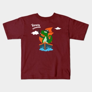 Vector illustration of dinosaur pirate on a ship at the sea Kids T-Shirt